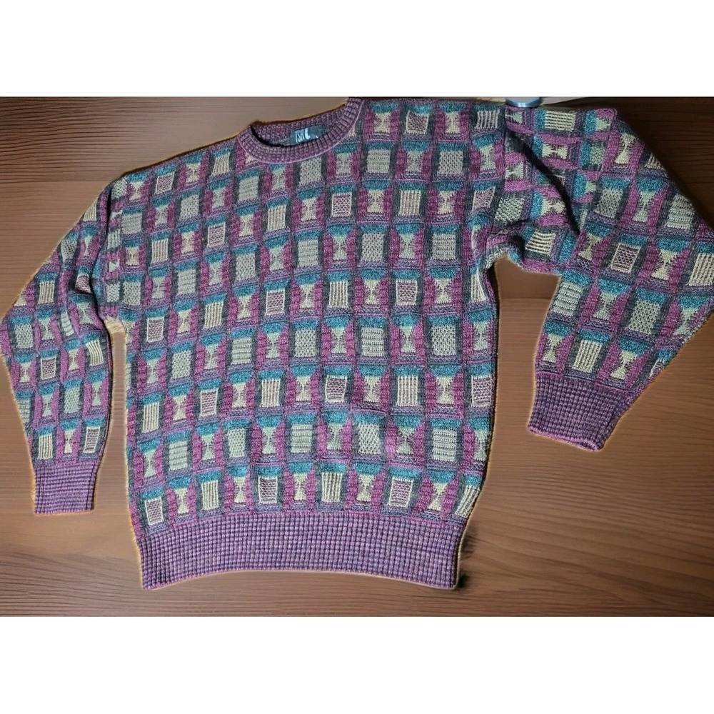 Vintage TSR‎ Sweater Mens L Brown Purple Grandpa Sweater Made USA Textured 80s